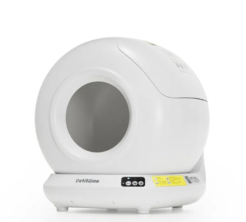 A white PetiQian automatic cat litter box with a circular opening, shown on a clean white background.